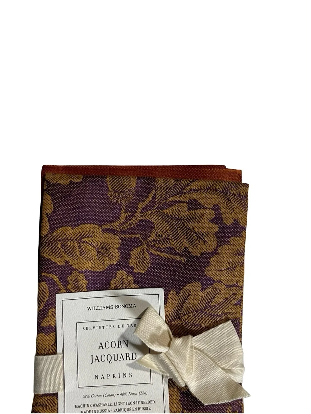 Williams Sonoma Acorn Jacquard Cotton Linen Napkins Set of 4 Purple Gold NOS